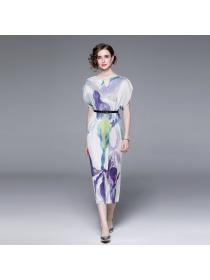 European style Fashion Loose Short sleeve maxi dress(with belt)