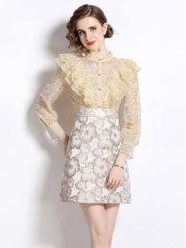 European style Printed Lace Pinch waist Short sleeve dress