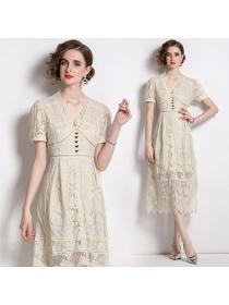 European style Summer V collar Short sleeve Lace Dress