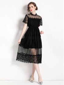 European style Summer Lace Solid color Short sleeve dress
