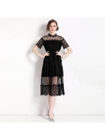 European style Summer Lace Solid color Short sleeve dress 