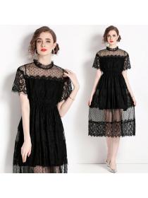 European style Summer Lace Solid color Short sleeve dress 