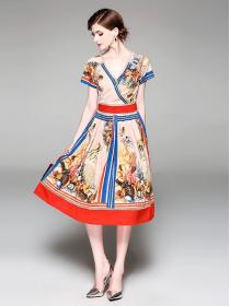 European style Summer Fashion V collar Short sleeve dress