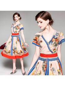 European style Summer Fashion V collar Short sleeve dress