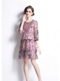 European style Summer Lace&Mesh Round collar Round collar Dress