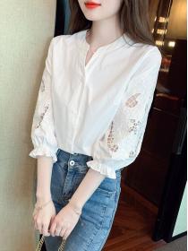 Korean style Summer Embroidery Stand collar Blouse