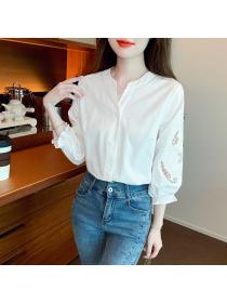 Korean style Summer Embroidery Stand collar Blouse 
