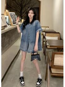 Summer new Korean Style retro loose temperament short sleeve shorts denim suit