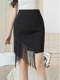 Korean style Summer Black High waist women's Tassel Skirt