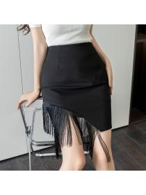 Korean style Summer Black High waist women's Tassel Skirt