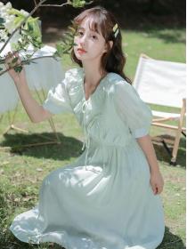 Korean style Fairy Pinch waist Short sleeved Summer dress