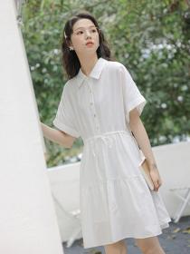 Korean style Polo collar Loose Waist Short sleeve dress