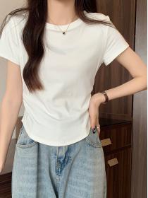 Korean style round neck Pleated short sleeve T-shirt