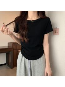 Korean style round neck Pleated short sleeve T-shirt 