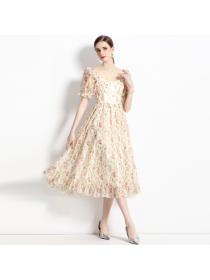 pinched waist floral square collar High quality dress