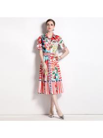 European style pinched waist fashion printed dress