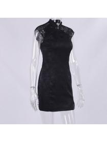 Outlet hot style Lace stand-up collar sleeveless short style Hip-full dress 
