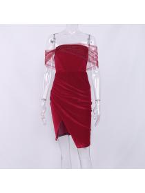 Outlet hot style Velvet gauze off shoulder High slit pleated sleeveless dress