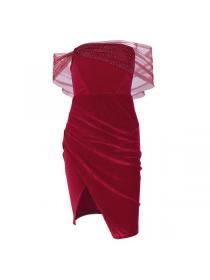 Outlet hot style Velvet gauze off shoulder High slit pleated sleeveless dress