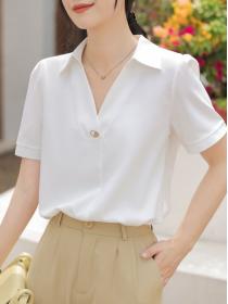 Summer new short-sleeved shirt women's V-neck white chiffon shirt Professional shirt