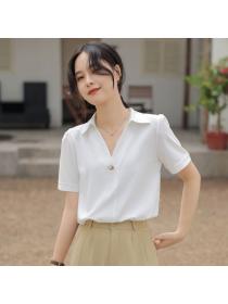Summer new short-sleeved shirt women's V-neck white chiffon shirt Professional shirt