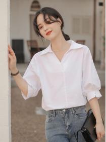Korean style V collar Loose White Puff sleeve blouse