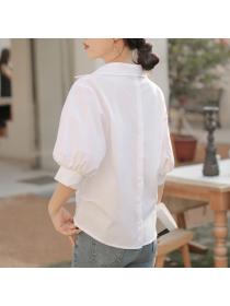 Korean style V collar Loose White Puff sleeve blouse 
