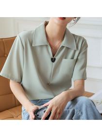 Summer fashion V collar Solid color Short sleeve Blouse 