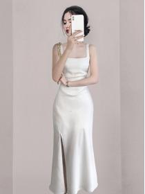 Summer fashion White Slit Pinch waist Vest dress