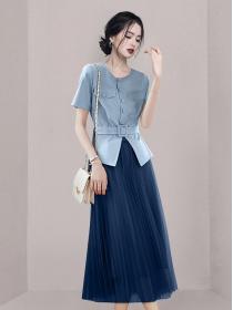 Korean style Summer Blue Shirt+Blue gauze Skirt