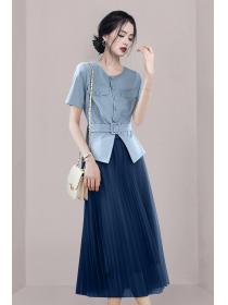 Korean style Summer Blue Shirt+Blue gauze Skirt 