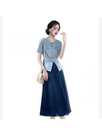 Korean style Summer Blue Shirt+Blue gauze Skirt 
