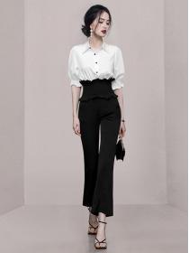 Korean style Elegant Flare pants White shirt Two pcs set