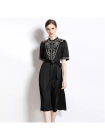 Summer Stand collar Slim Long Embroidery dress 