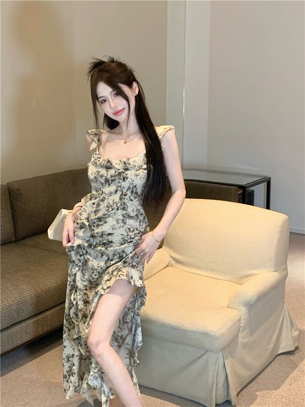 Korean style Fashion Elegant Ink printed Maxi dress