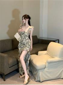 Korean style Fashion Elegant Ink printed Maxi dress 