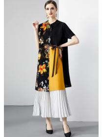 Retro Elegant Flower printed Loose dress+ Pants 2 pcs set