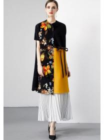 Retro Elegant Flower printed Loose dress+ Pants 2 pcs set