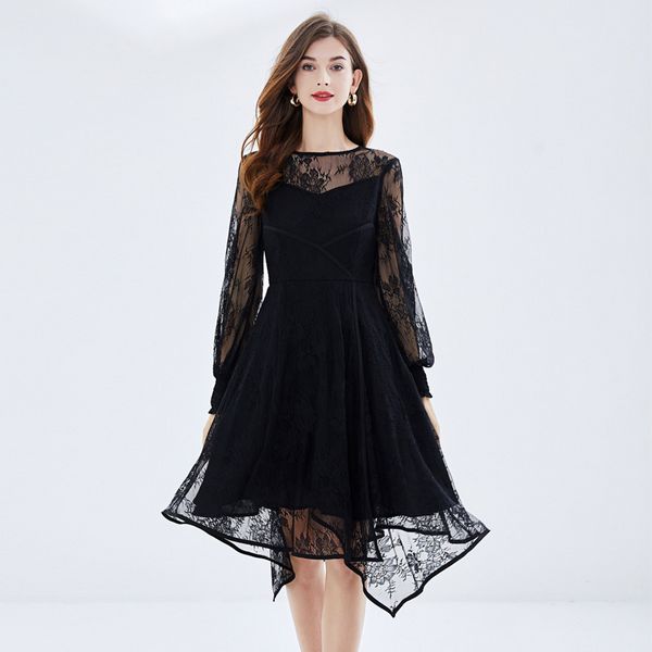 Retro Elegant Plus size European style Black Lace dress