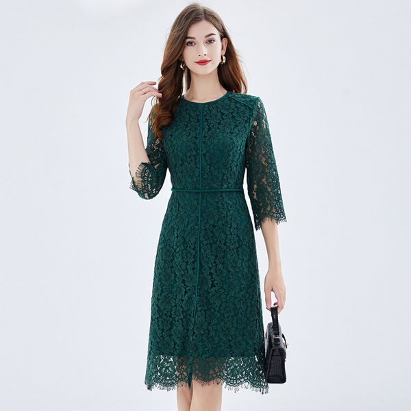 Retro Elegant Plus size European style Green Lace dress