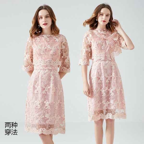 Retro Elegant Plus size European style Short sleeve Lace dress