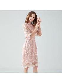 Retro Elegant Plus size European style Short sleeve Lace dress 