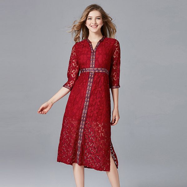 Retro Elegant Plus size European style Banquet dress Red dress