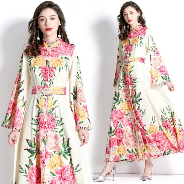 European style flared sleeve printed Lace dress(with belt)