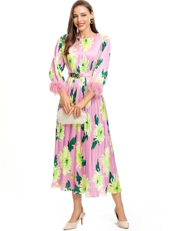 European style Floral Round collar Long sleeved Dress