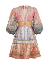 Vintage style Printed V collar Linen A-line Dress 