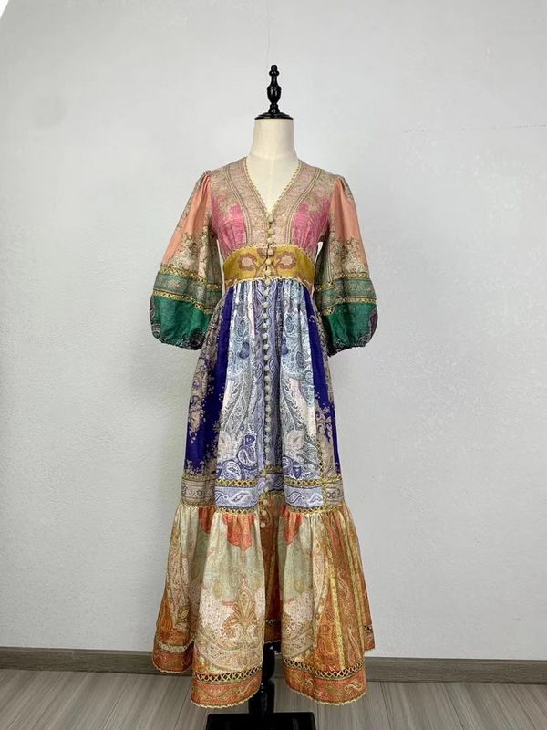 Vintage style Printed V collar Linen Maxi Dress
