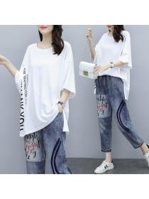 Fashion style Cotton Tshirt Wide leg Jeans 2 pcs set