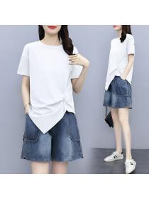 Fashion style Cotton Tshirt Wide leg Short denim pants 2 pcs set