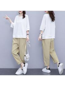 Summer fashion Cotton Tshirt Wide leg Casual pants 2 pcs set
